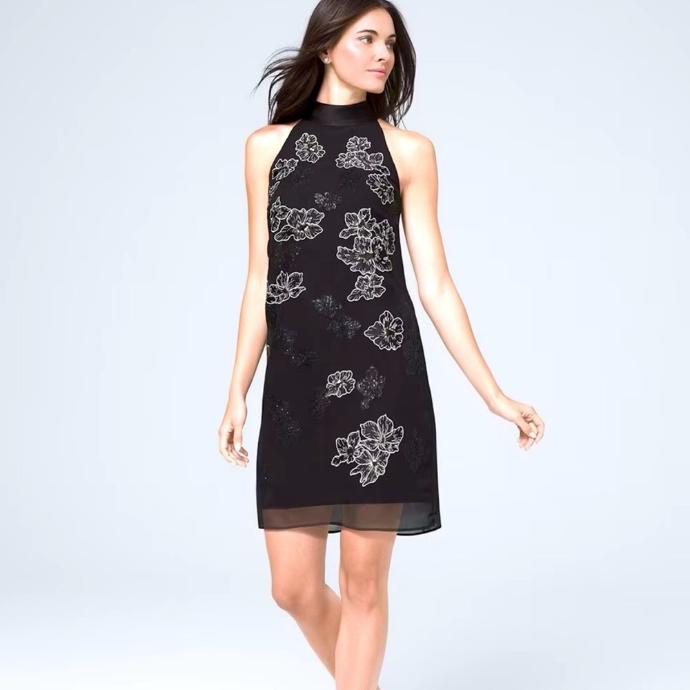 NWOT WHBM Small Black shift dress with silver flower appliqué detail